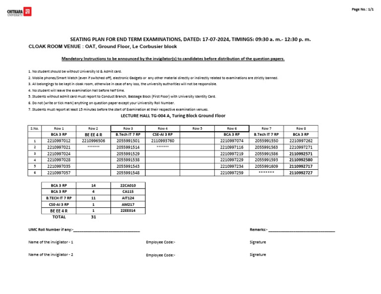 Exam Instructions and Seating Plan 2024 | PDF