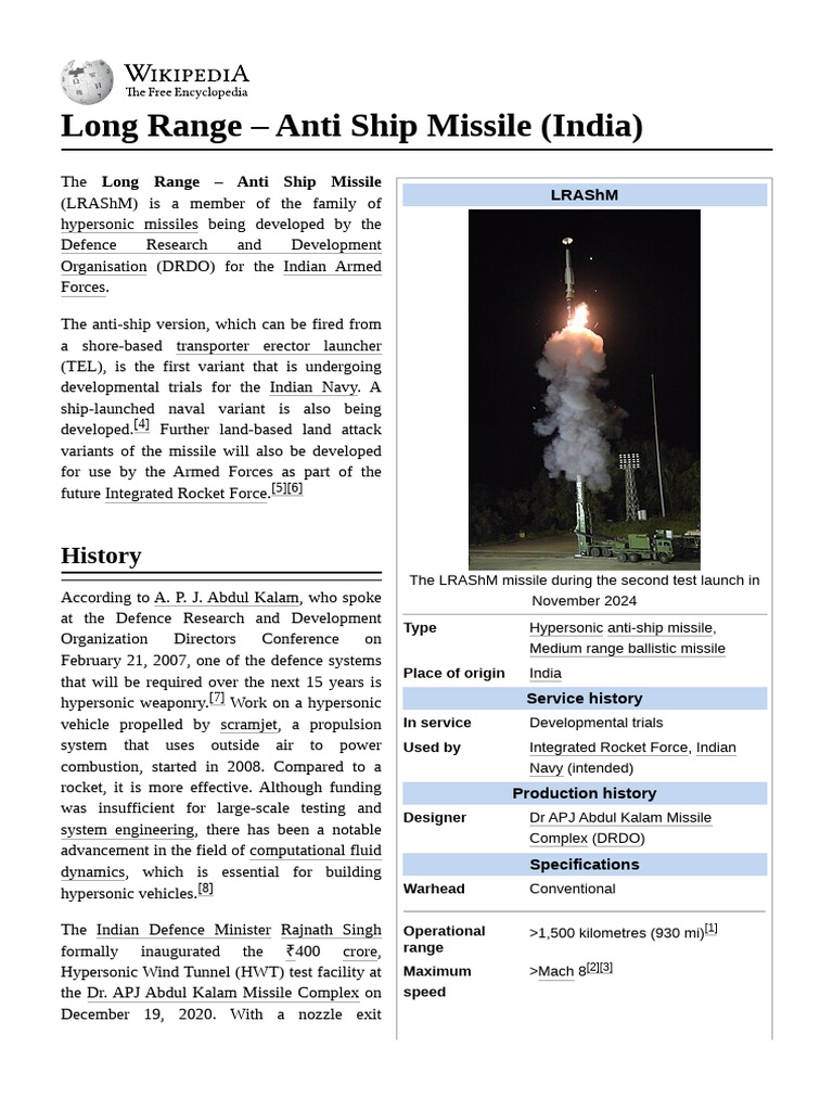 India's LRAShM: Hypersonic Anti-Ship Missile | PDF | Missile | Missile ...