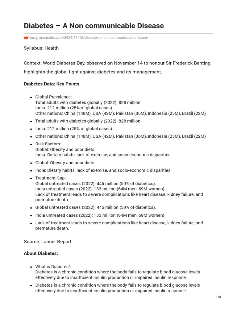 Diabetes - A Non Communicable Disease | PDF | Diabetes | Insulin