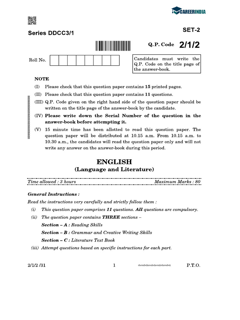 CBSE Class 10 English Language & Literature SET - 2 Question Paper 2024 ...