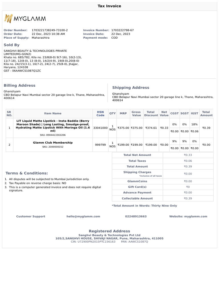 MyGlamm Invoice 1703222798-67 | PDF | Public Finance | Taxation