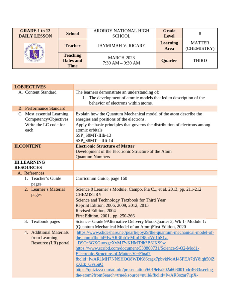 Quantum Mechanical Model Lesson Plan | PDF | Atomic Orbital | Energy Level
