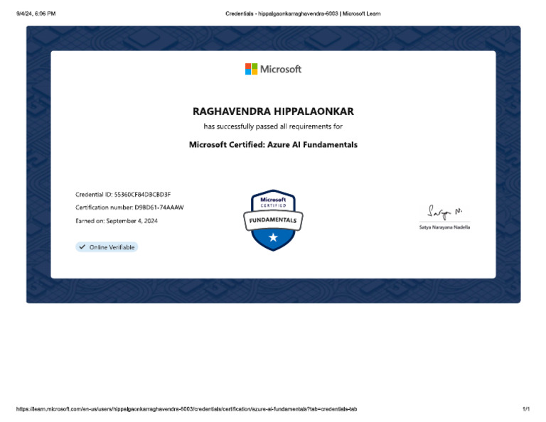 Azure Fundamentals AI-900 Certificate Raghavendra H | PDF