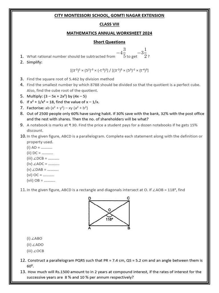 Class 8 Maths Annual Worksheet 2024 | PDF | Area | Elementary Mathematics