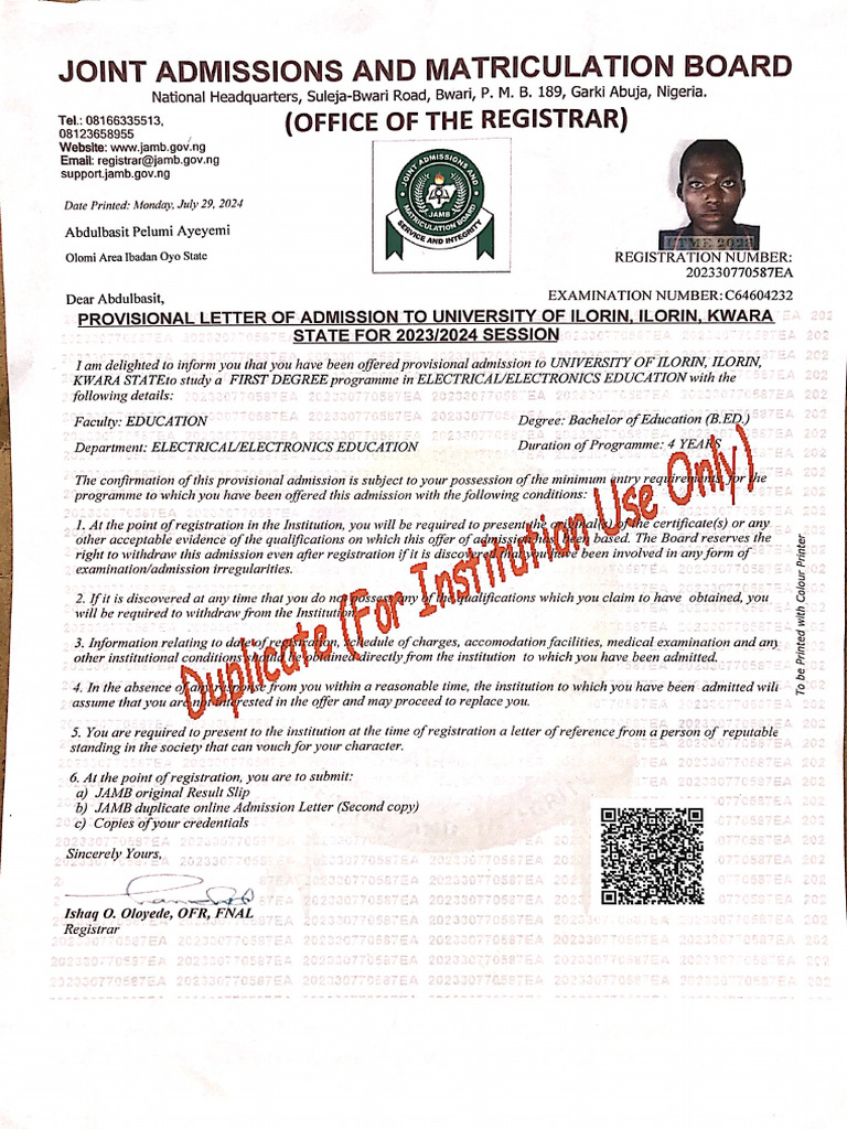JAMB Admission Letter Duplicate | PDF