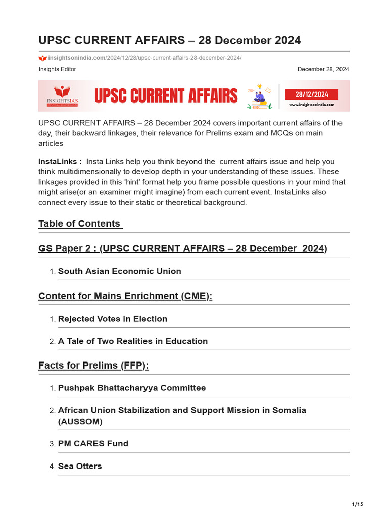 CURRENT AFFAIRS 28 December 2024 | PDF | Arctic | South Asia