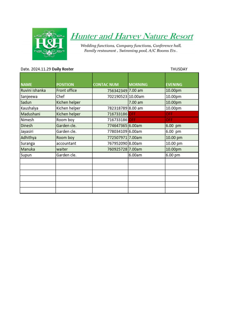 Daily Roster for November 29, 2024 | PDF