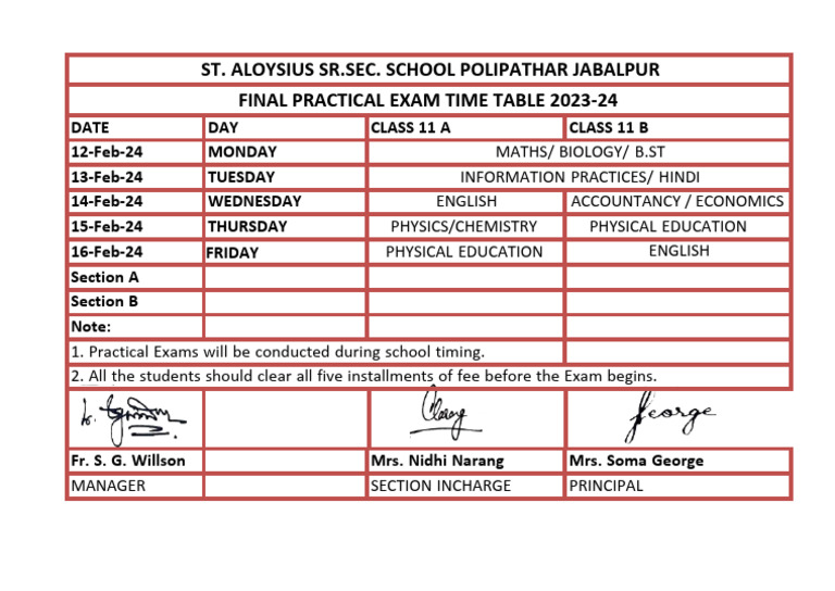 11 Practical - Exam - Time - Table - 2023-24 T | PDF