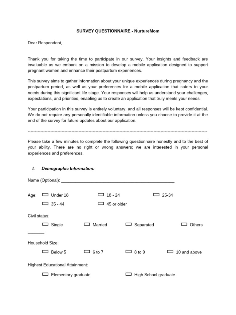 Survey Questionnaire for Nuturemoms | PDF | Pregnancy | Postpartum Period