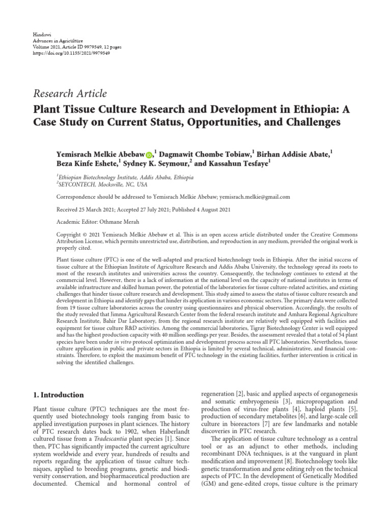 Plant Tissue Culture in Ethiopia: Status and Challenges | PDF | Crops ...
