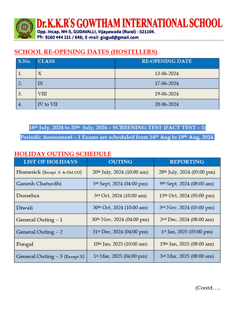 School Re-Opening & Holiday Schedule | PDF