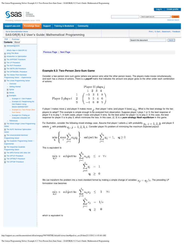 The Linear Programming Solver - Example 8.3 - Two-Person Zero-Sum Game ...