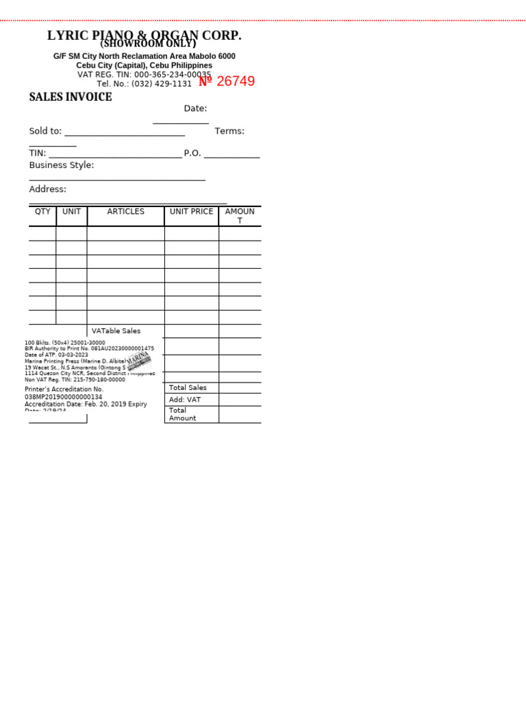 Sales Invoice for Lyric Piano & Organ Corp. | PDF