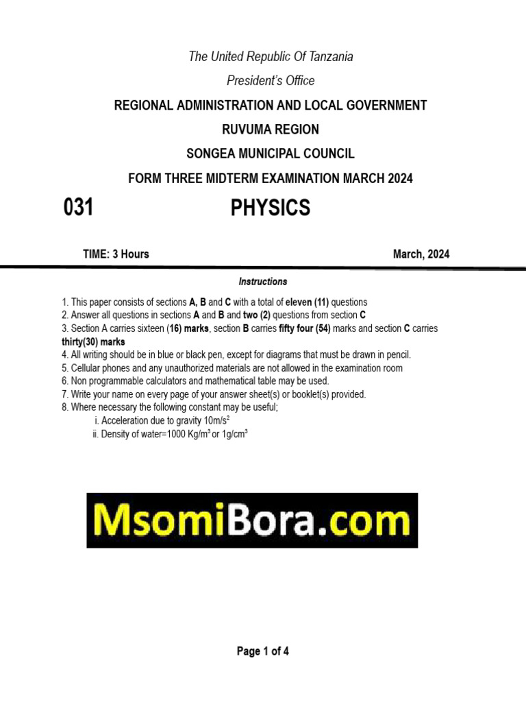 Form Three Physics Midterm Exam 2024 | PDF | Force | Light