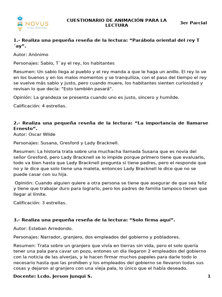 Cuestionario de Animación para La Lectura | PDF | Comunicación ...
