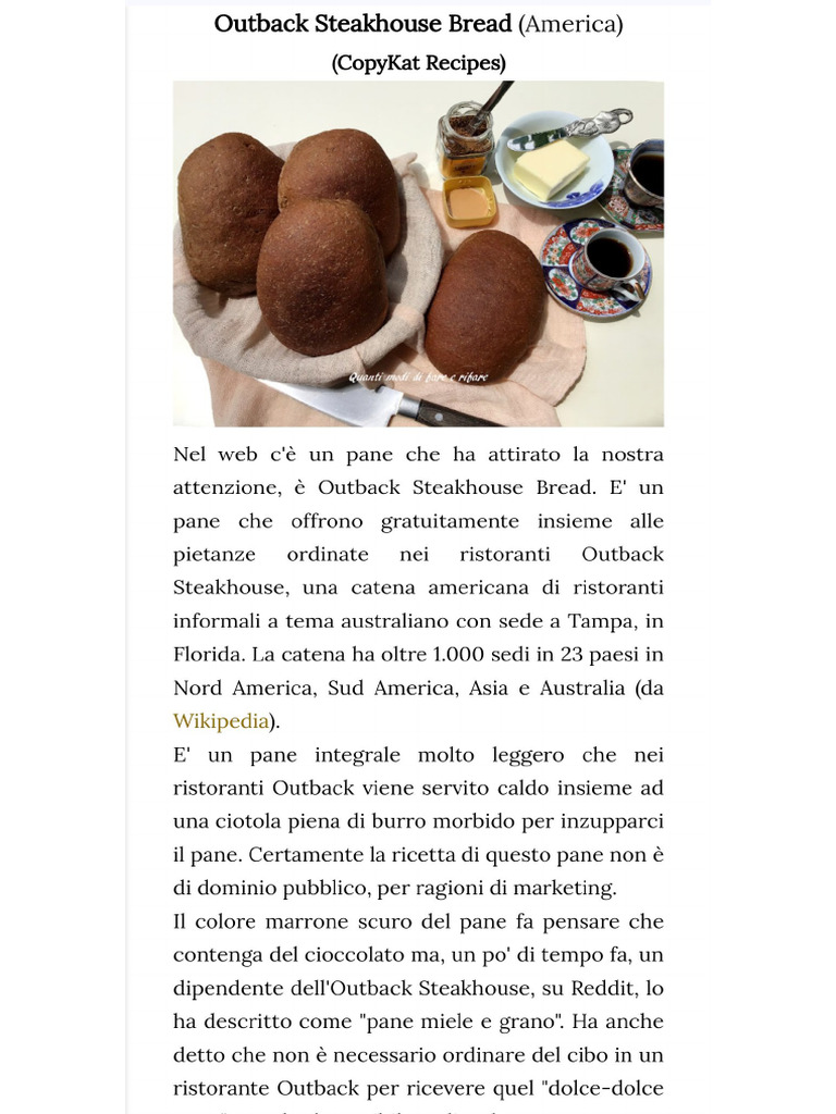 Ricetta Pane Outback Steakhouse Bread (America) | PDF