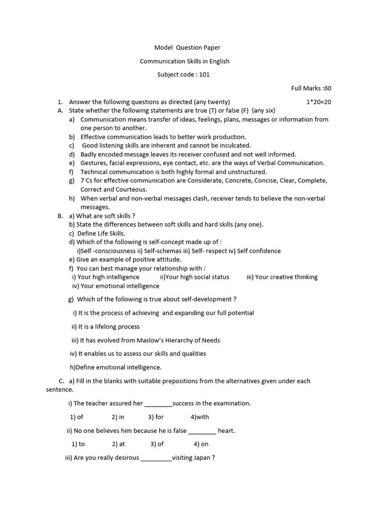 Communication Skills Model Paper | PDF | Communication | Nonverbal ...