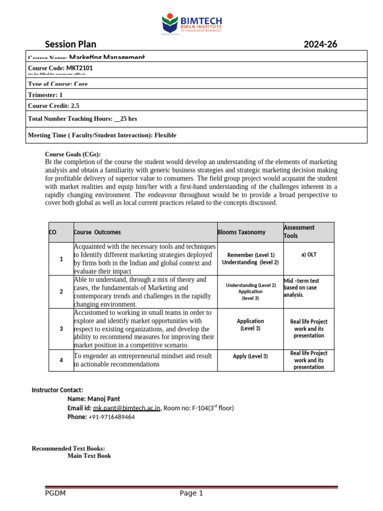 Marketing Management Course Plan 2024-26 | PDF | Marketing | Marketing ...
