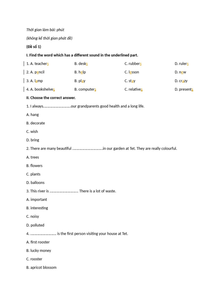 English Language Test Practice Worksheet | PDF | Vietnam