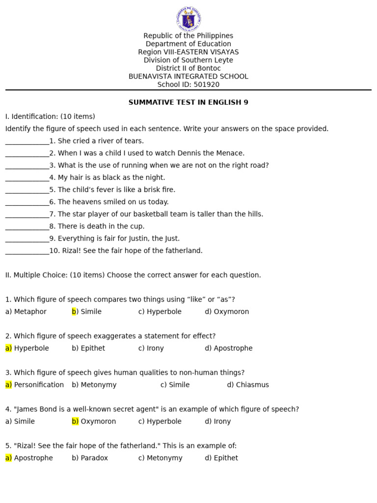 Eng 9 Summative Test Q2 Week 3 | PDF | Metaphor | Rhetorical Techniques