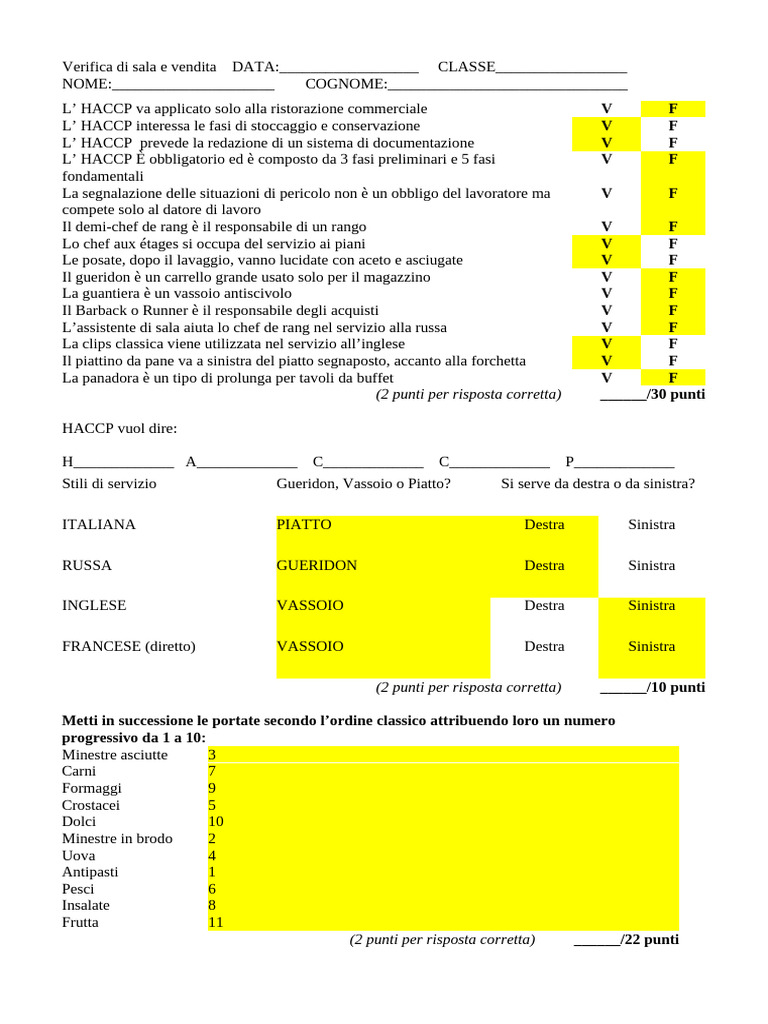 Sala-Bar e Vendita - Verifica Sommativa 2 AAL - CORREZIONE | PDF