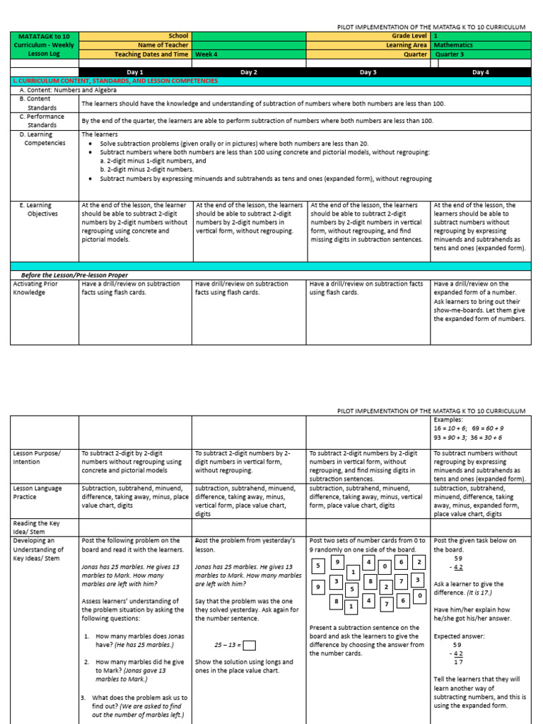 LE - Math 1 - Q3 - Week 4 - v.2 | PDF | Subtraction | Learning