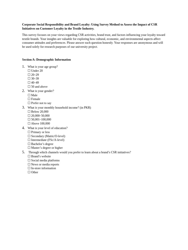 Group 10. Questionnaire (Final) | PDF | Corporate Social Responsibility ...