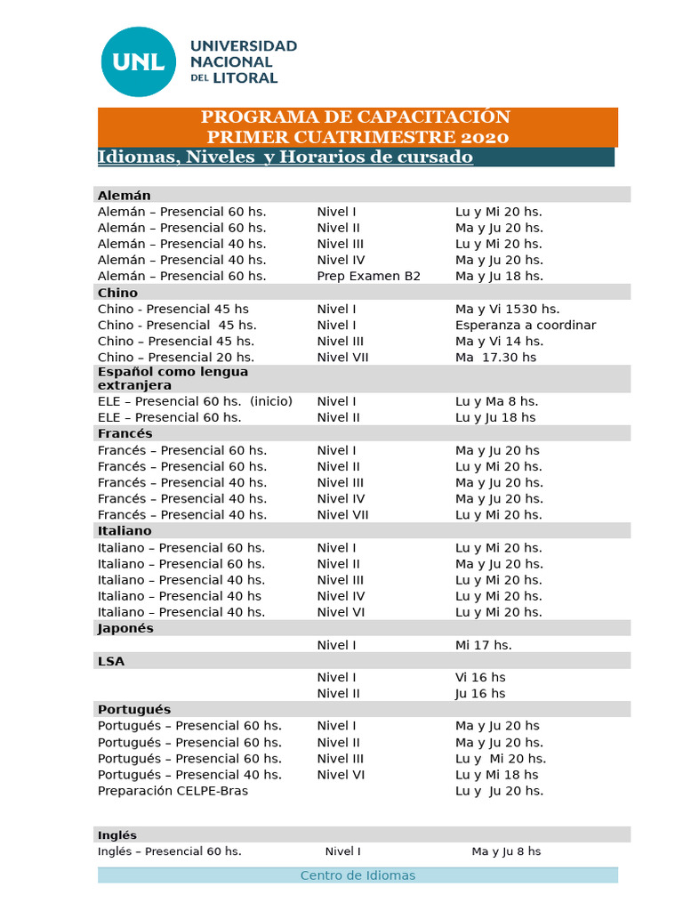 Capacitación en Idiomas 2020: Cursos y Horarios | PDF | Lingüística ...
