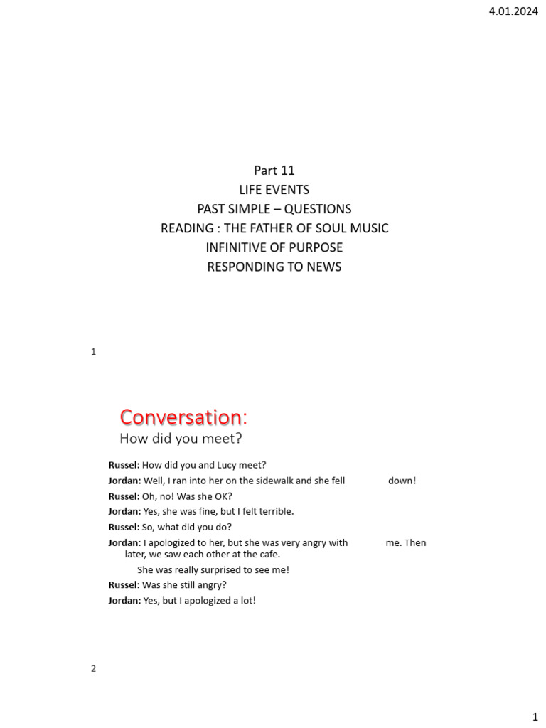 Part 11 Life Events - Past Simple Questions - Responding To News | PDF ...