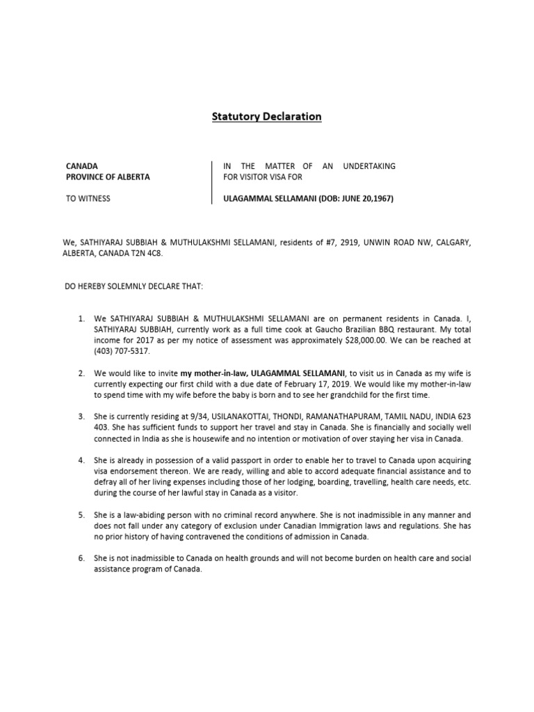 Visitor Visa Statutory Declaration Canada | PDF | Travel Visa ...