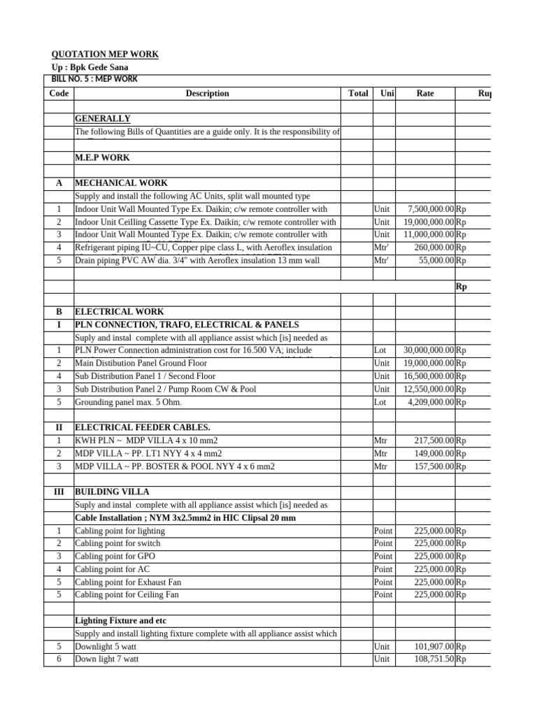 Quotation MEP Work - BPK I Gede Sana | PDF | Pipe (Fluid Conveyance ...