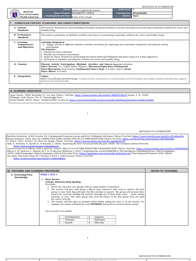 Grade 4 PE Week 5 Lesson Plan | PDF | Dances | Physical Fitness