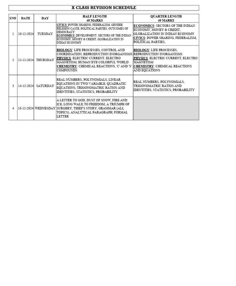 X Class Revision Schedule 2024 | PDF