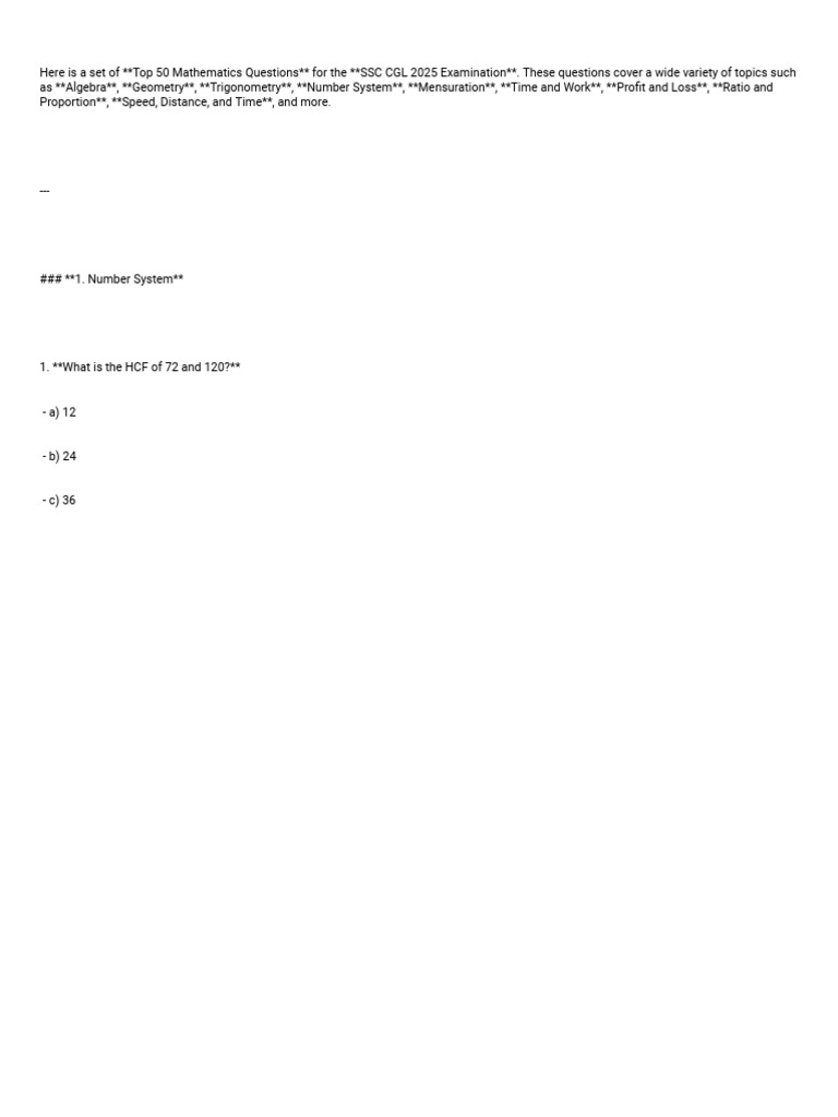 SSC CGL 2025: Top 50 Math Questions | PDF | Area | Elementary Mathematics