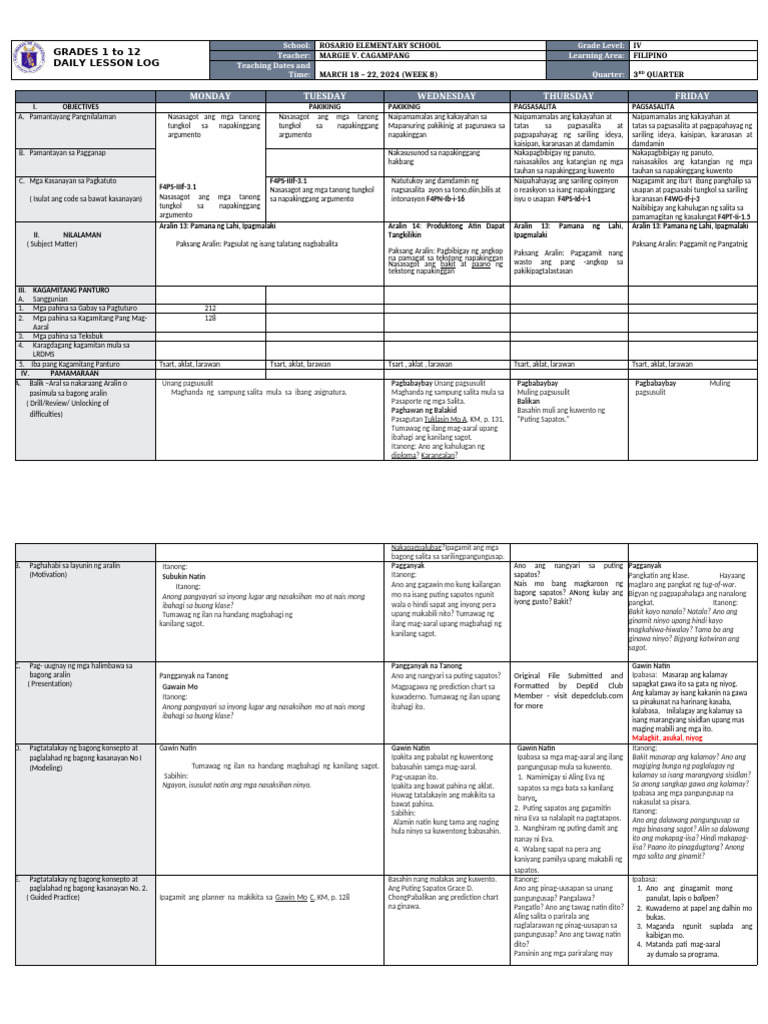 DLL - Filipino 4 - Q3 - W8123 | PDF