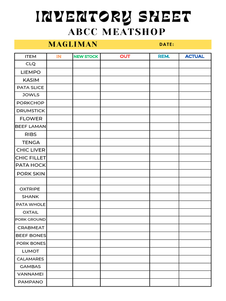 Inventory Sheet for Meat and Seafood | PDF