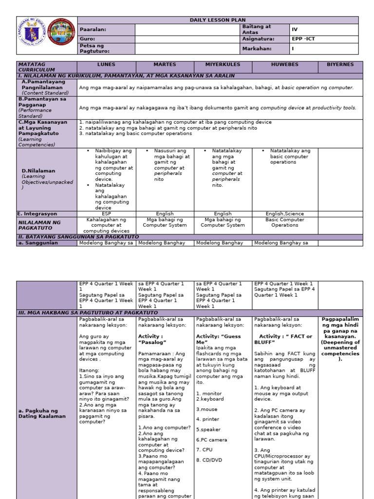 Epp 4 DLL q1 Week 1 Templatematatag | PDF