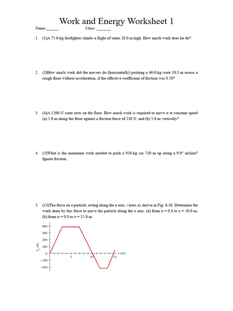 Work and Energy Worksheet 1 PDF