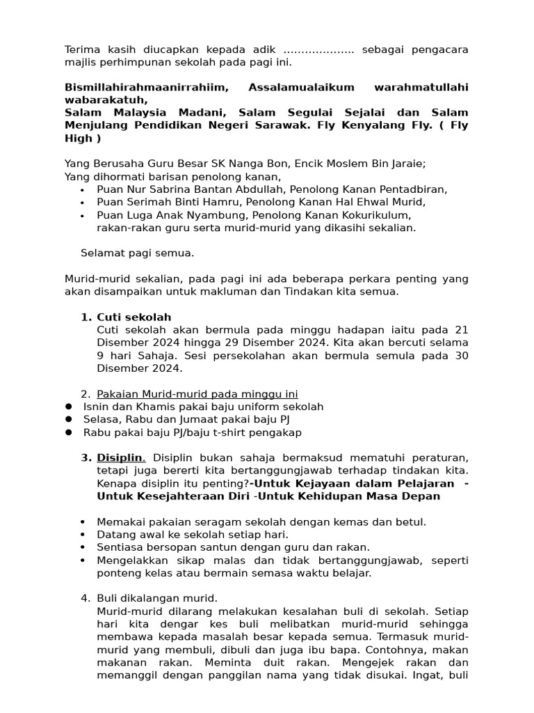 Pengumuman Penting untuk Murid SK Nanga Bon | PDF