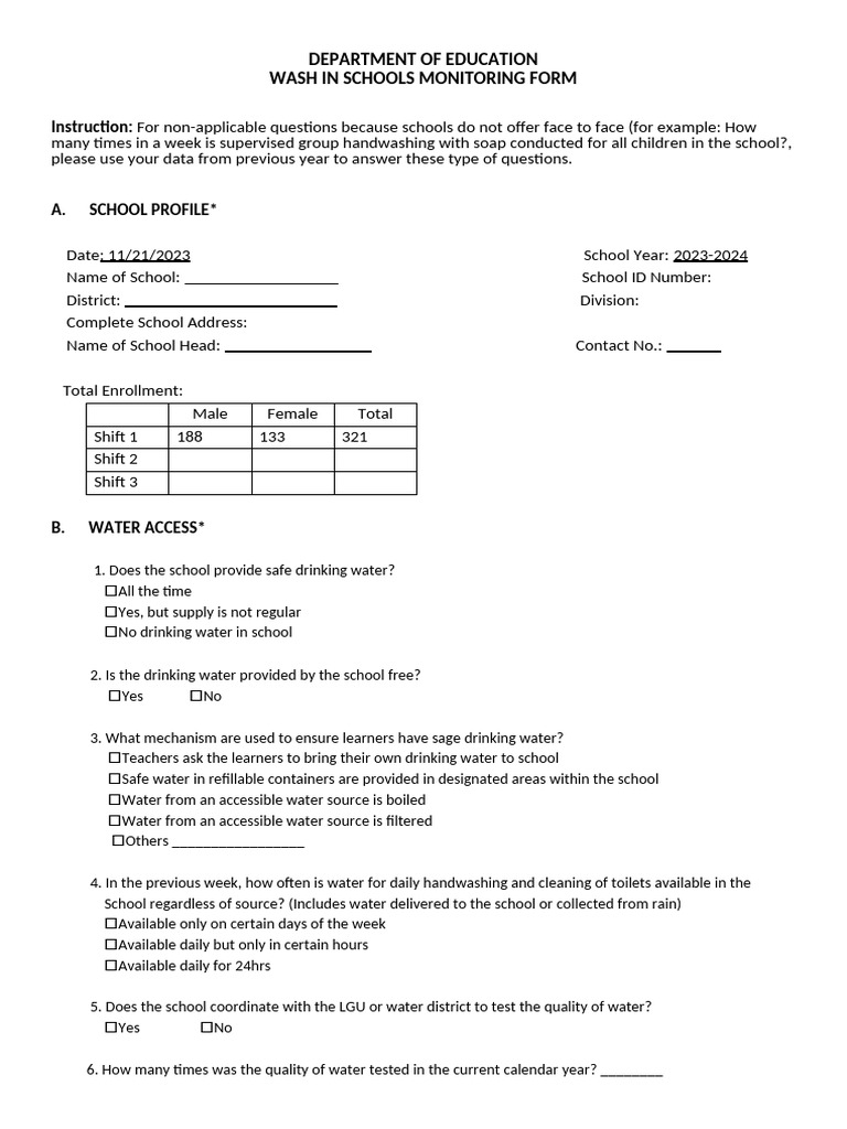 WASH in Schools Monitoring Form 2023 | PDF | Hand Washing | Drinking Water