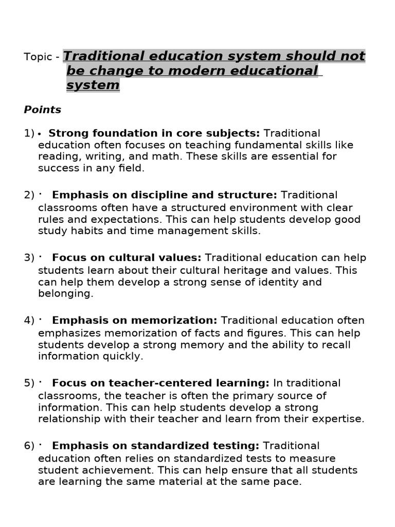 T Raditional Education System Should Not Be Change To Modern ...