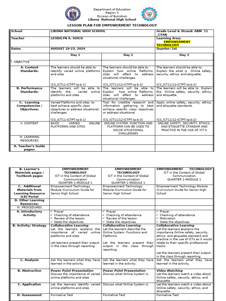 Empowerment Tech Lesson Plan ABM 11 | PDF | Educational Technology ...