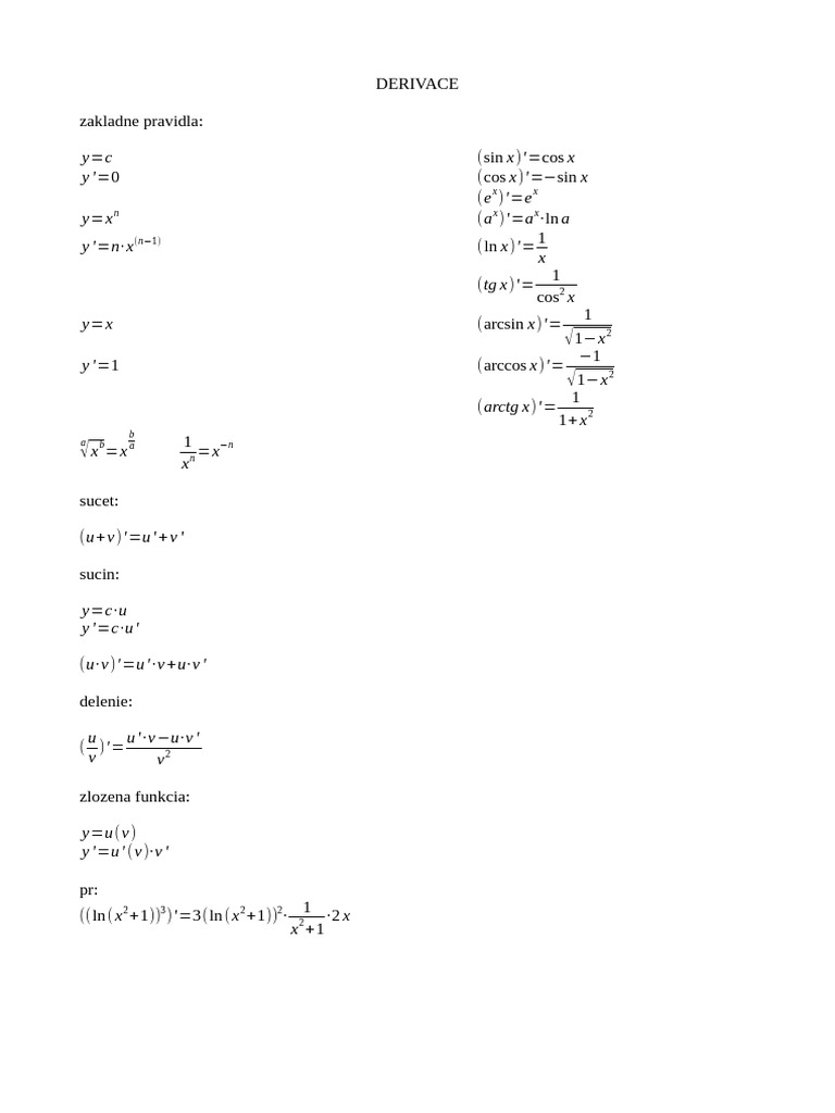 Pravidla derivace funkcí | PDF