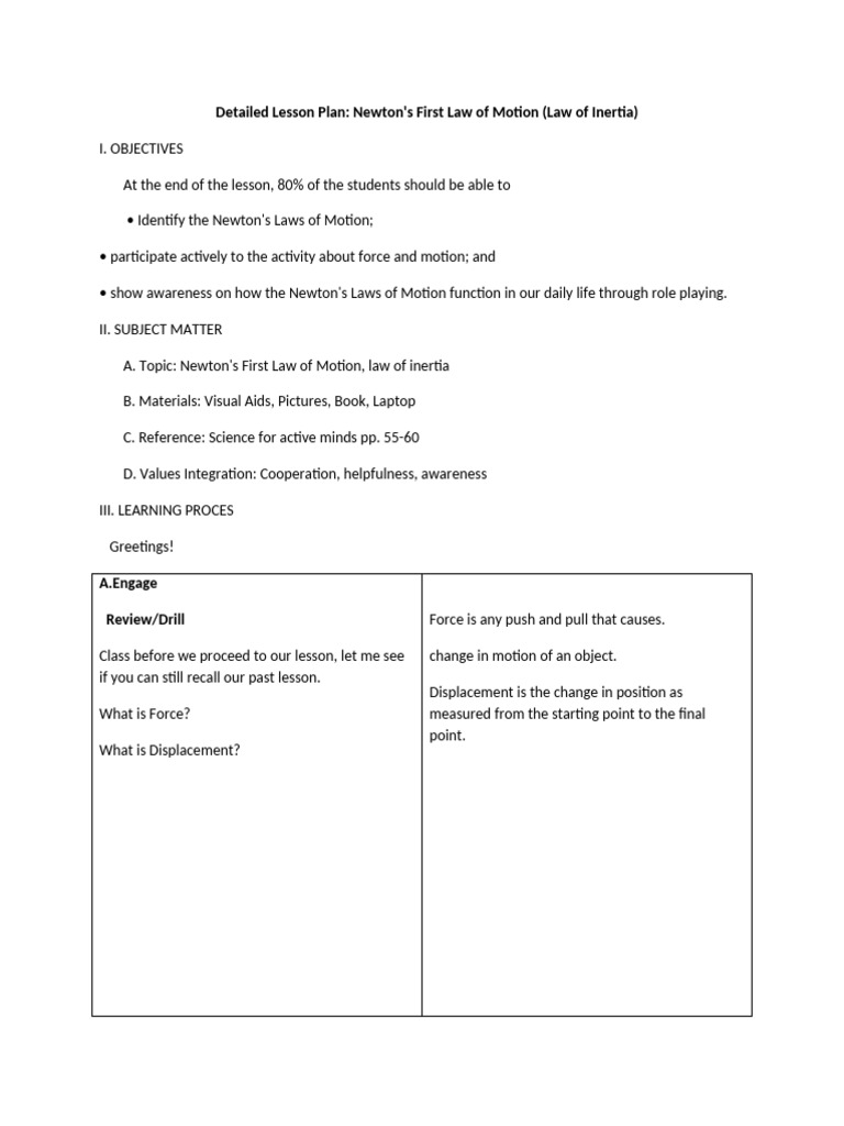 Newton's First Law Lesson Plan | PDF | Force | Newton's Laws Of Motion