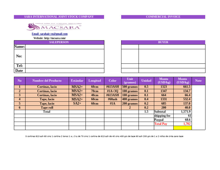 Sara International Invoice Details | PDF
