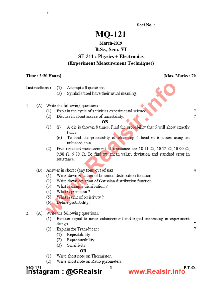 (SE-311 Physics + Electronics) - 2019 | PDF | Metrology | Electricity
