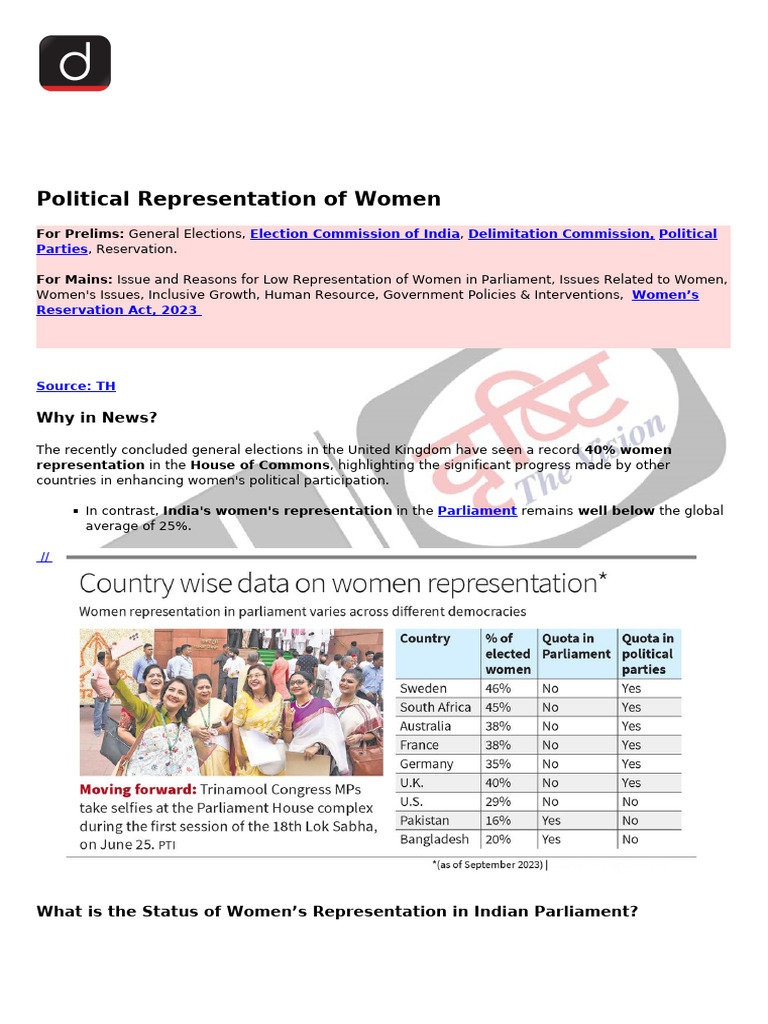 Women Representation in India - Recent | PDF | Government