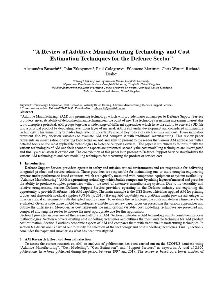 Cost Estimation in Additive Manufacturing | PDF | 3 D Printing ...