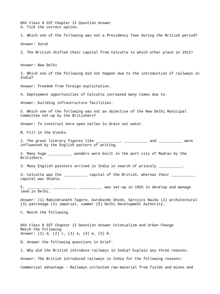 Dav class 8 sst chapter 13 question pdf british raj kolkata