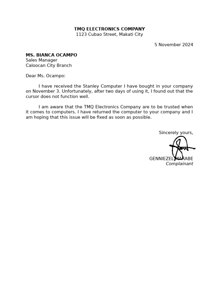 Computer Cursor Issue Complaint Letter | PDF